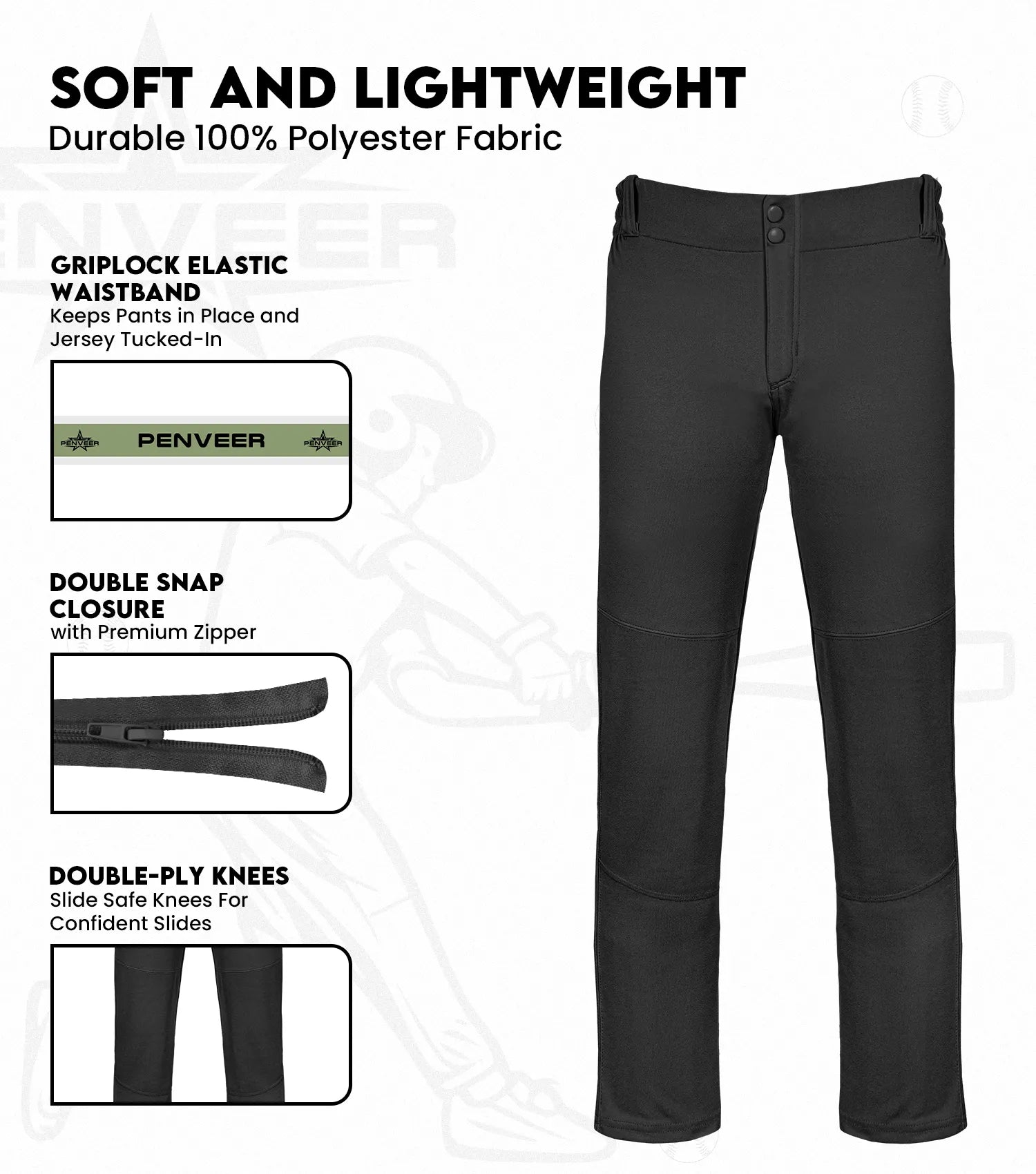 Boys Full Length Baseball Pants with Open Bottom and Grip Lock Waistband (Black)