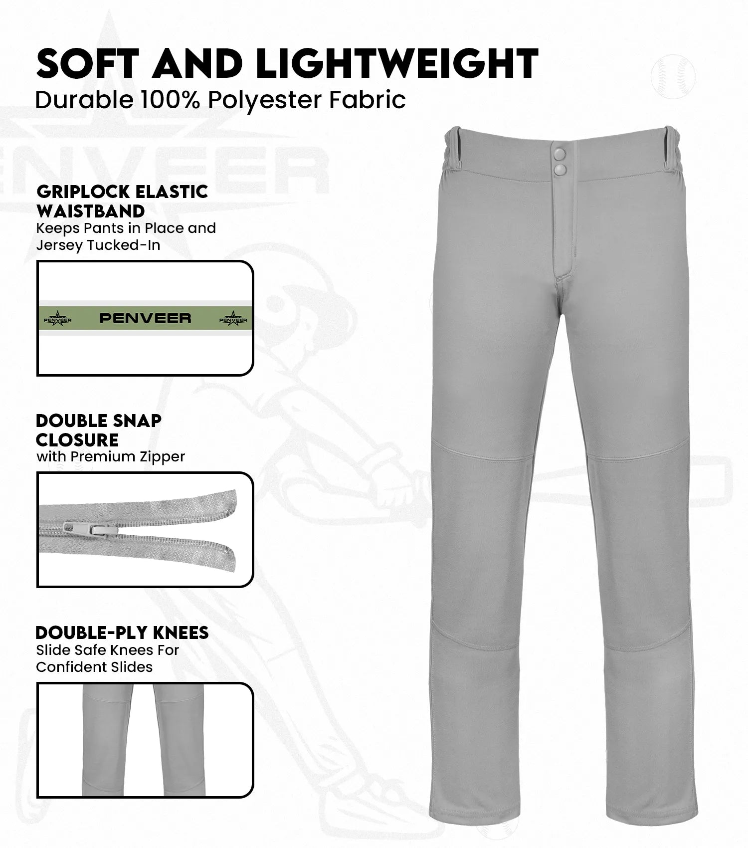 Boys Full Length Baseball Pants with Open Bottom and Grip Lock Waistband (Gray)