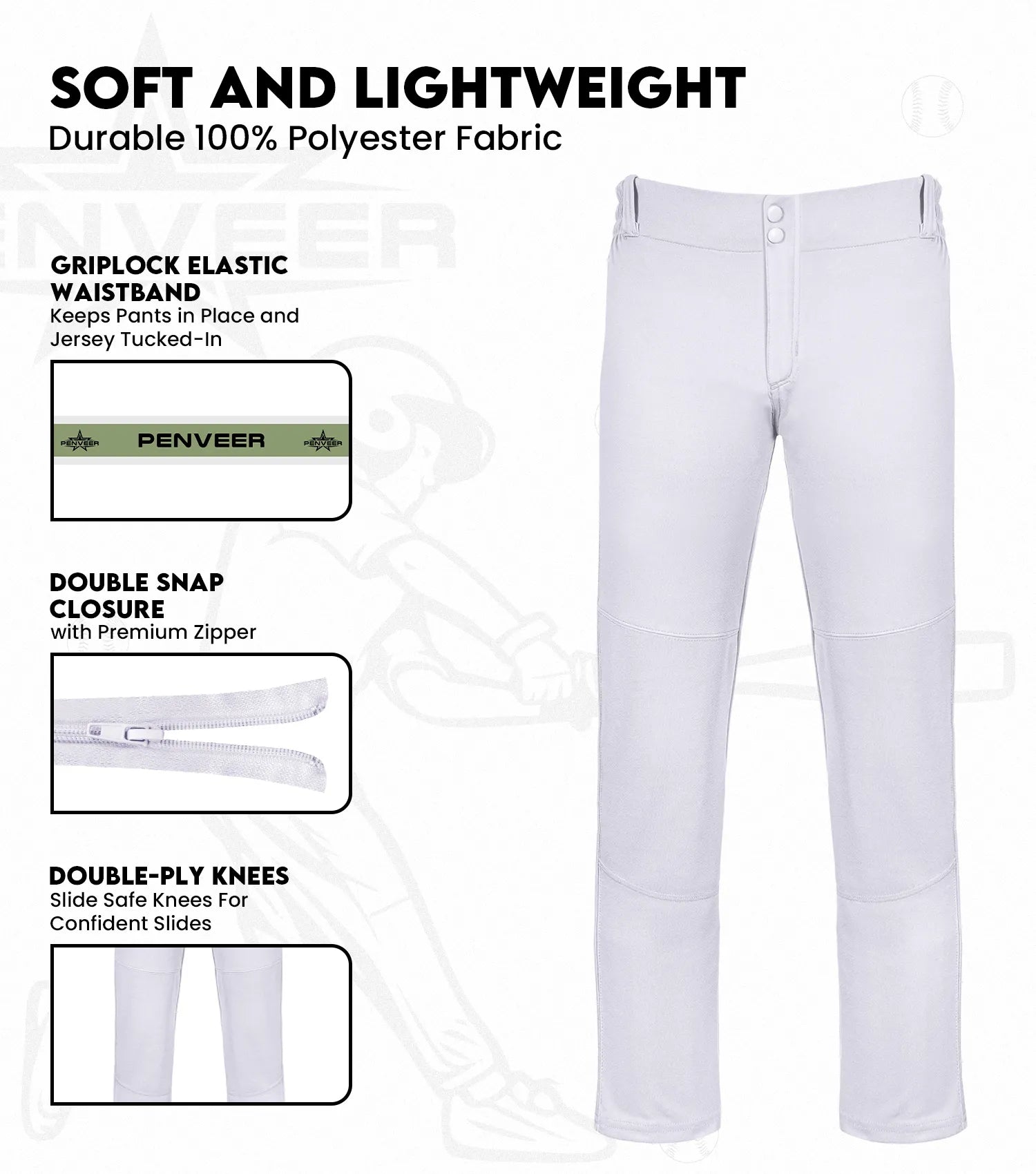 Boys Full Length Baseball Pants with Open Bottom and Grip Lock Waistband (White)