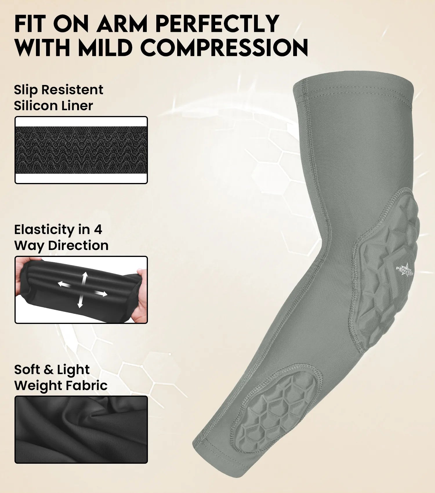Padded Arm Sleeves for Men & Women Gray (Youth & Adult Sizes)