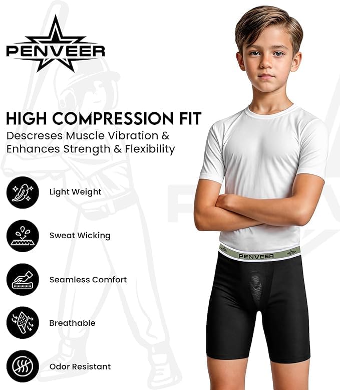 Youth Compression Shorts with Protective Cup – Boys Athletic Underwear for Baseball, Football & Hockey