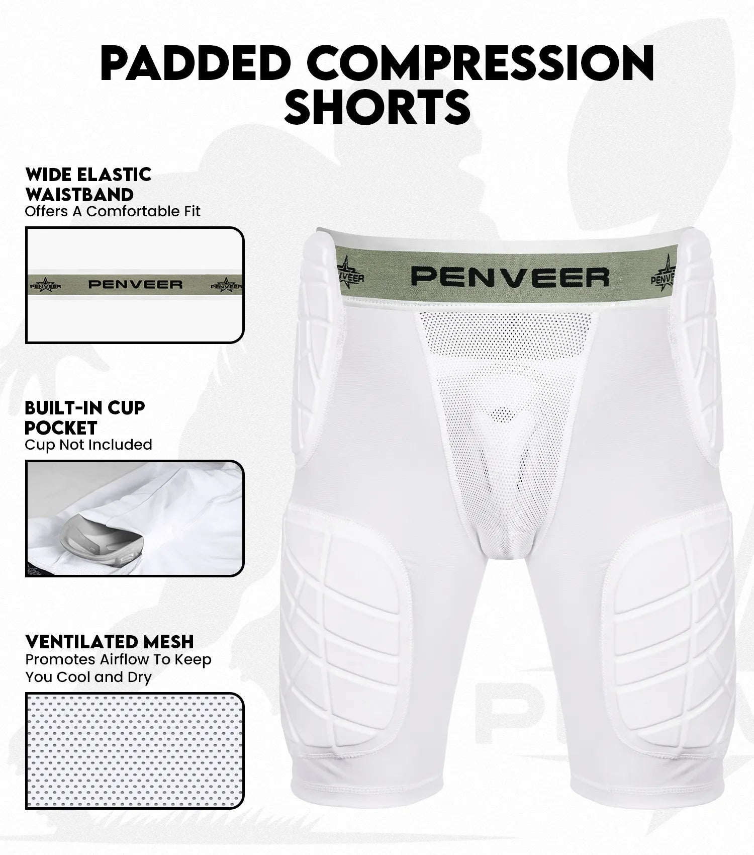 5.0 Youth Football Girdle for Boys with Cup Pocket (White)