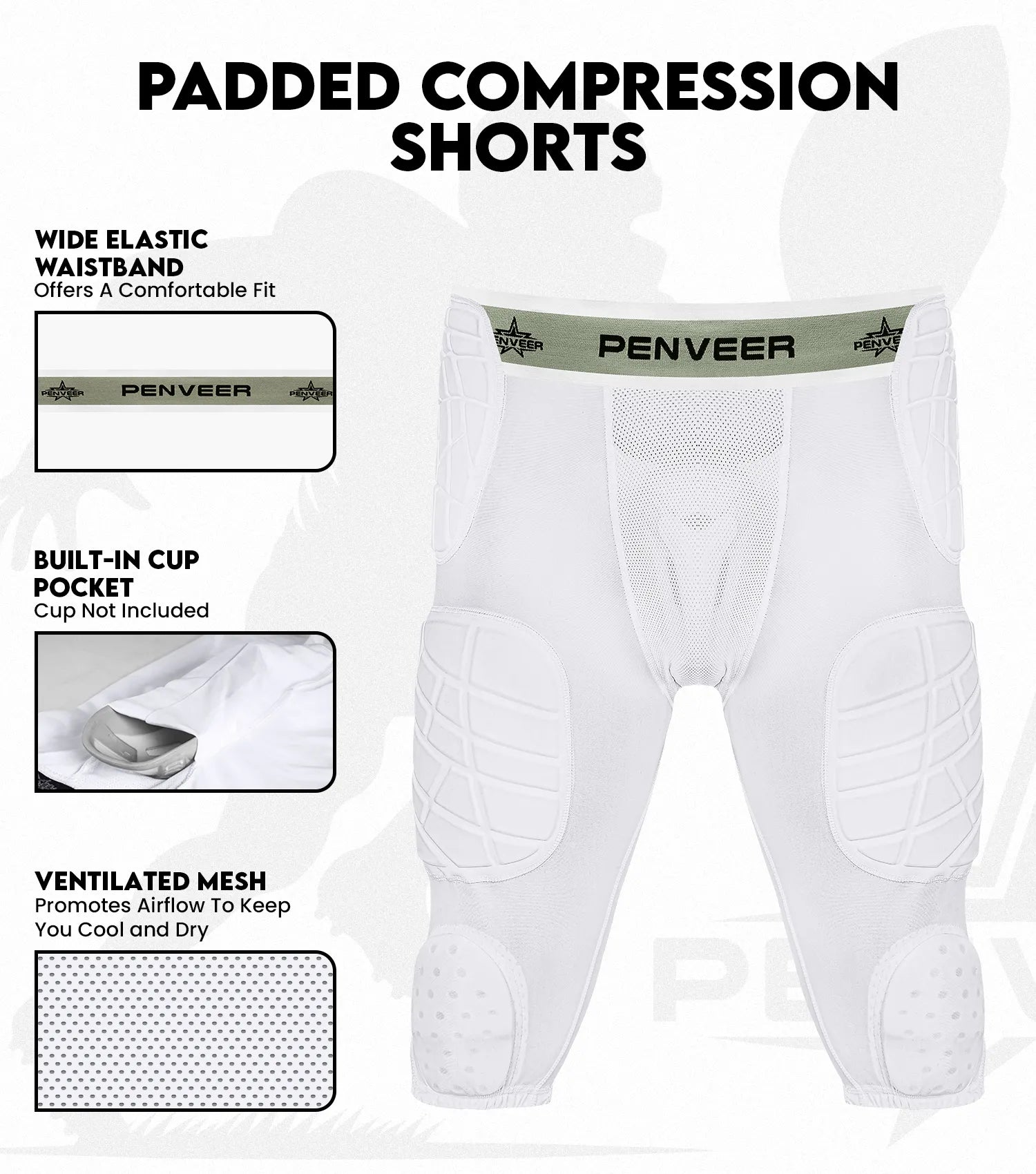 7.0 Youth Football Girdle for Boys with Cup Pocket (White)