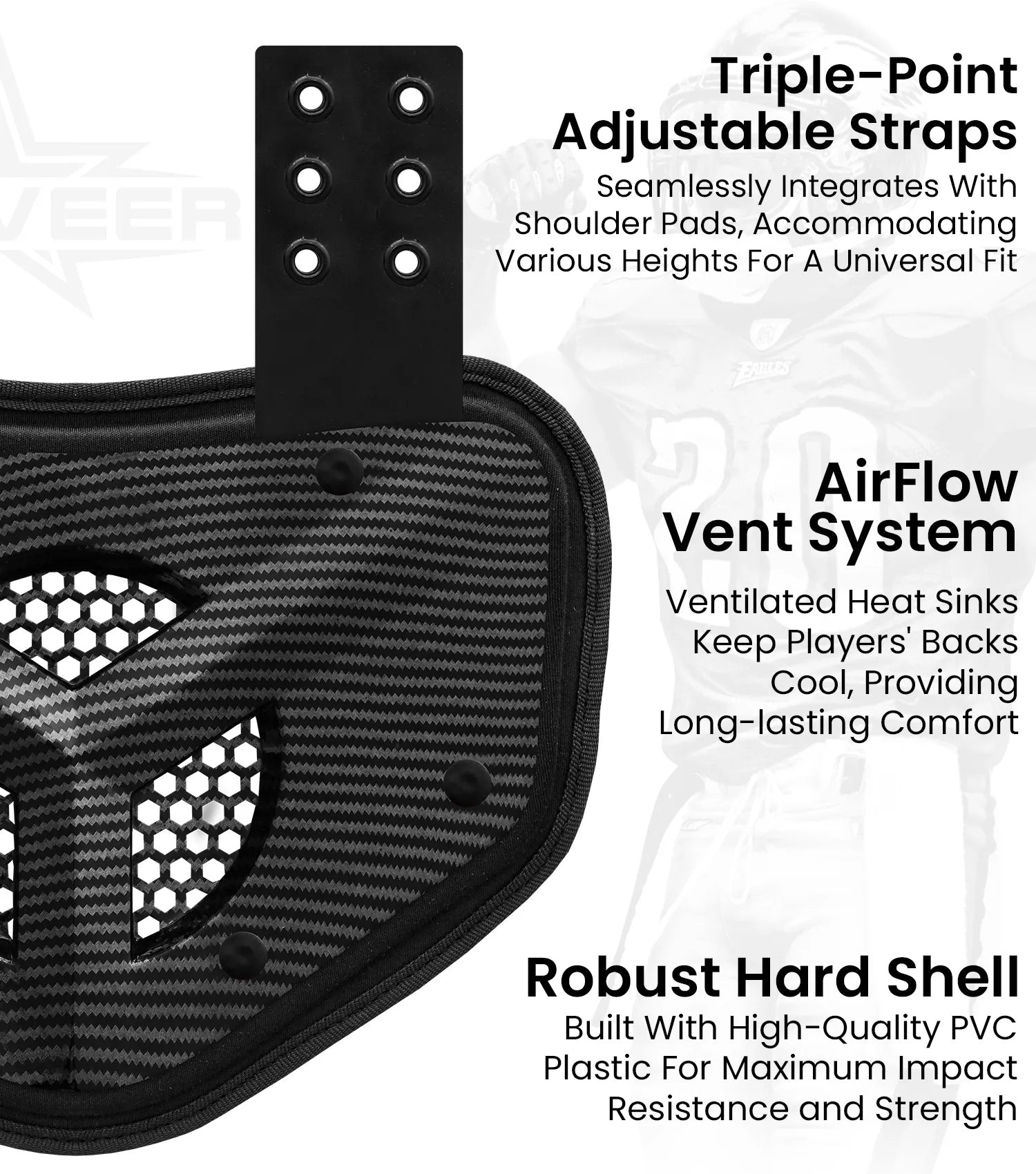 Chrome Football Back plate with Air Vents for Shoulder Pads with High Impact Padding Black Carbon