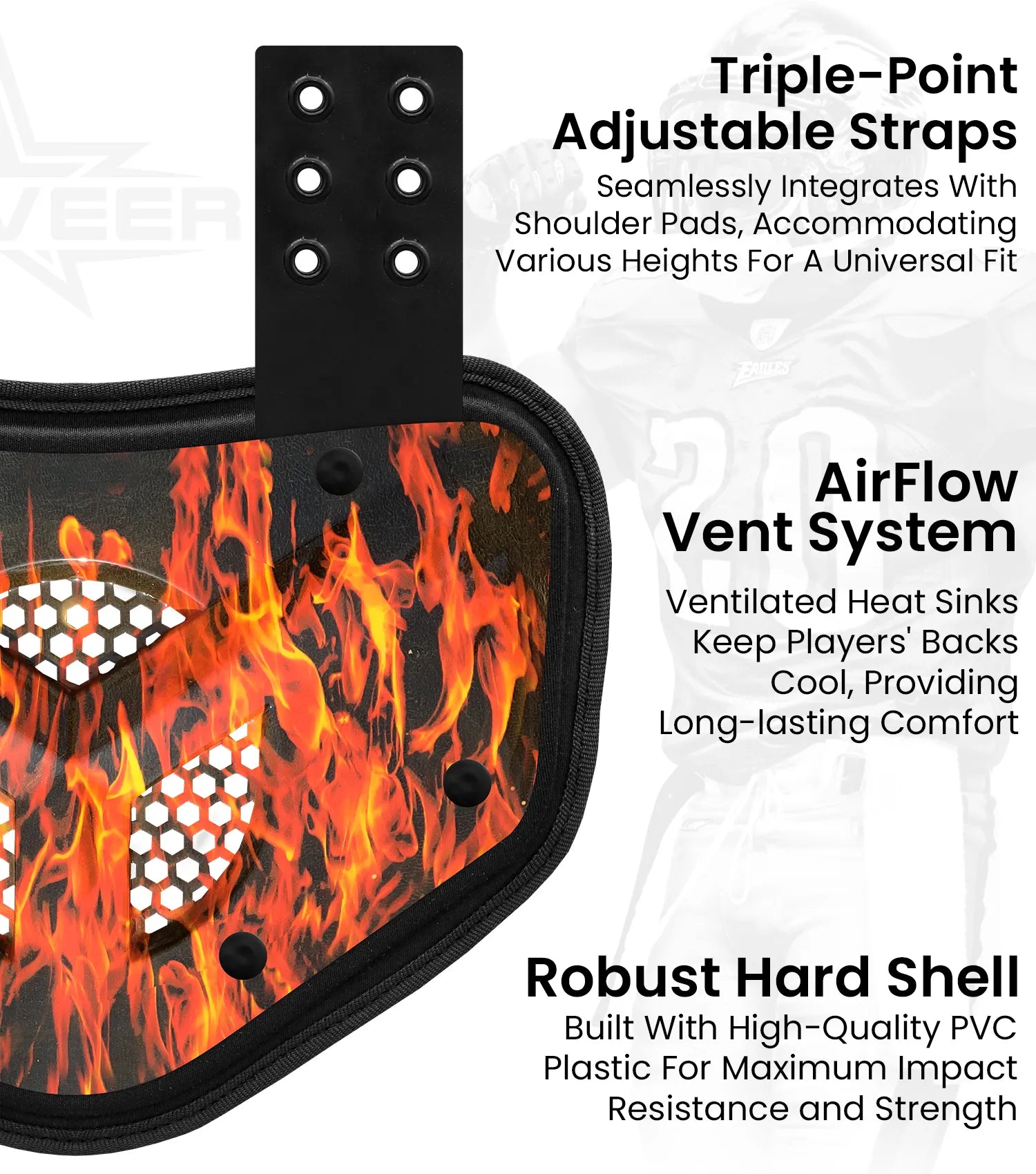 Chrome Football Back Plate with Air Vents for Shoulder Pads with High Impact Padding Flame