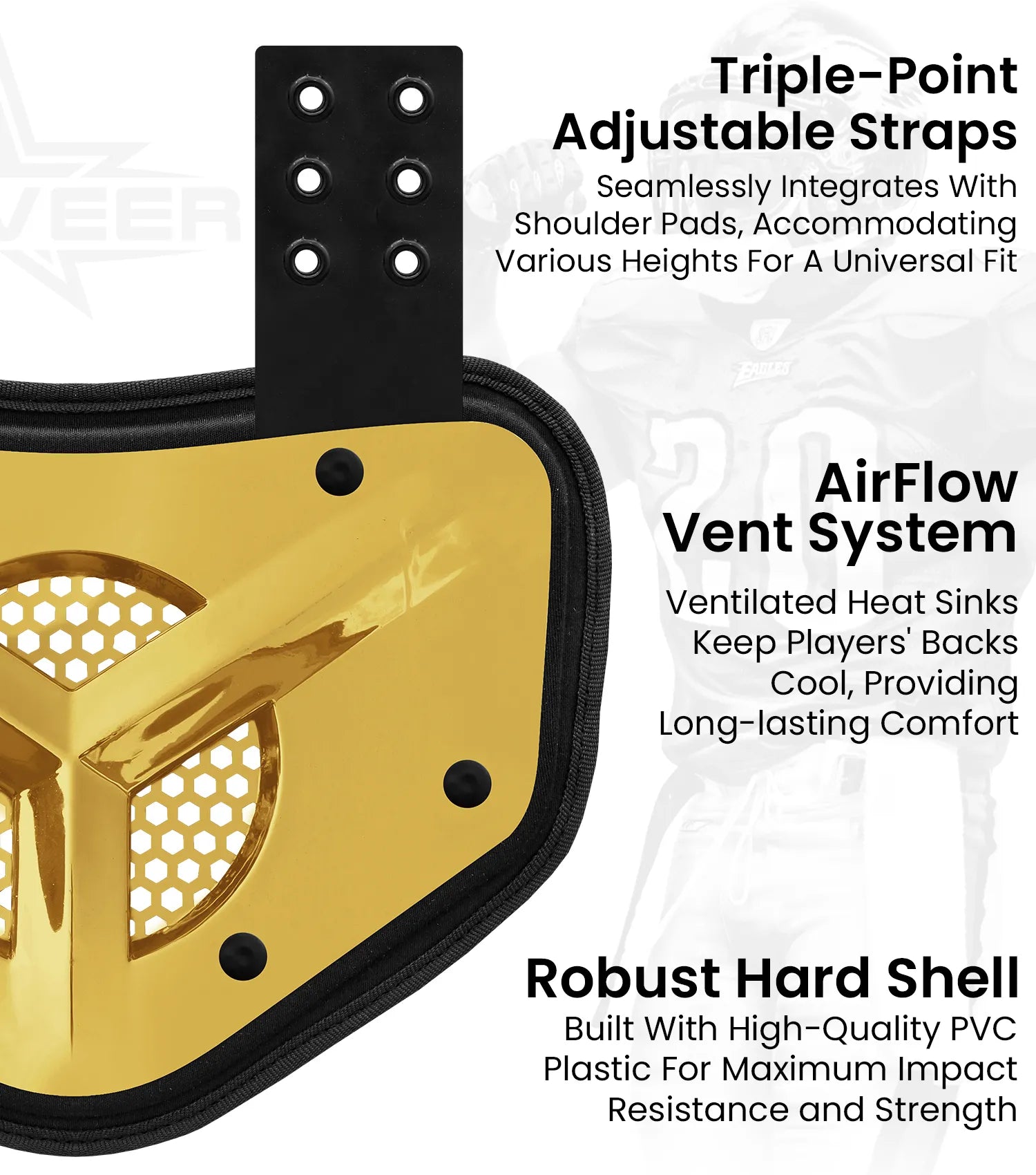 Chrome Football Back Plate with Air Vents for Shoulder Pads with High Impact Padding Gold