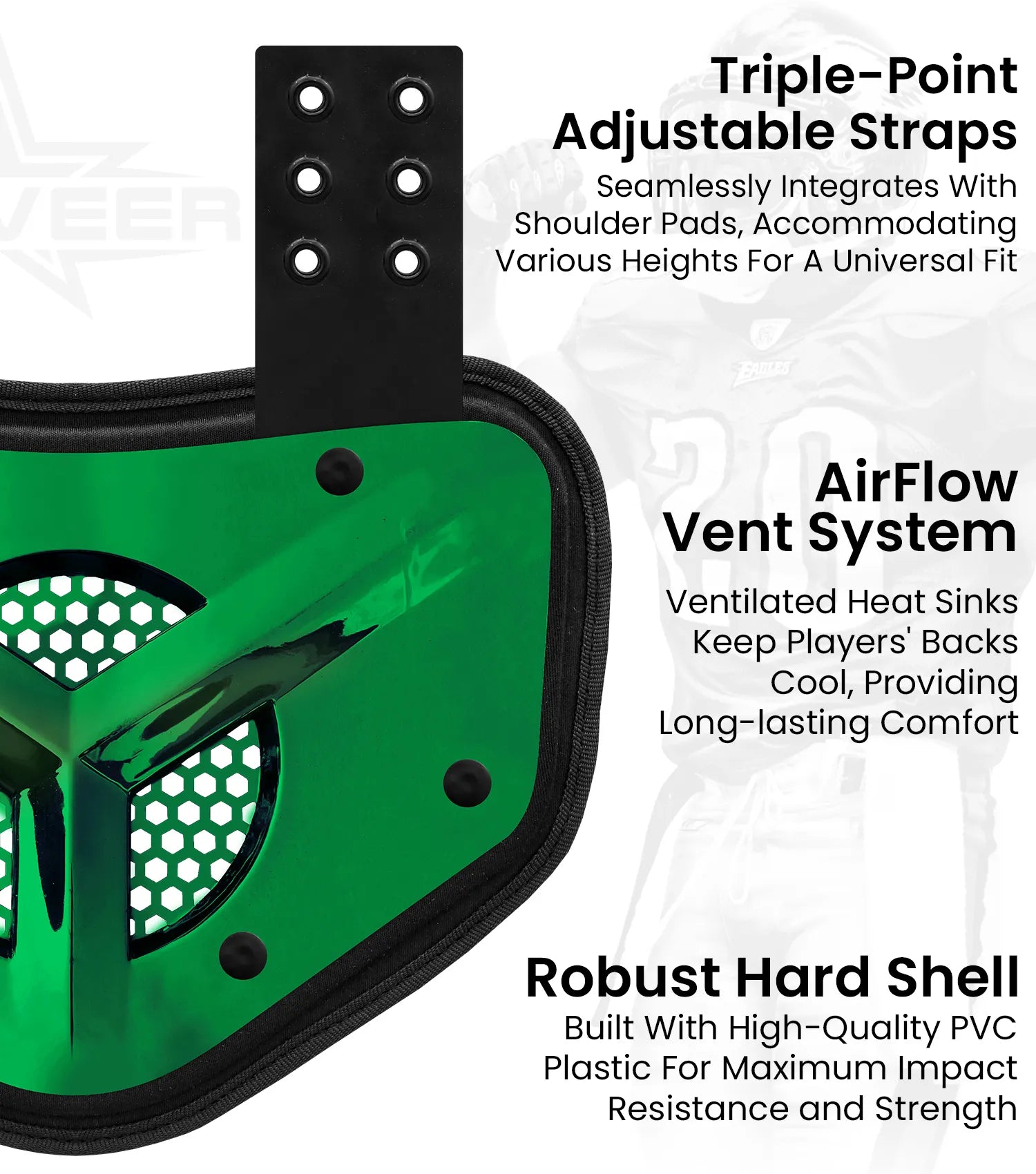 Chrome Football Back Plate with Air Vents for Shoulder Pads with High Impact Padding Dark Green