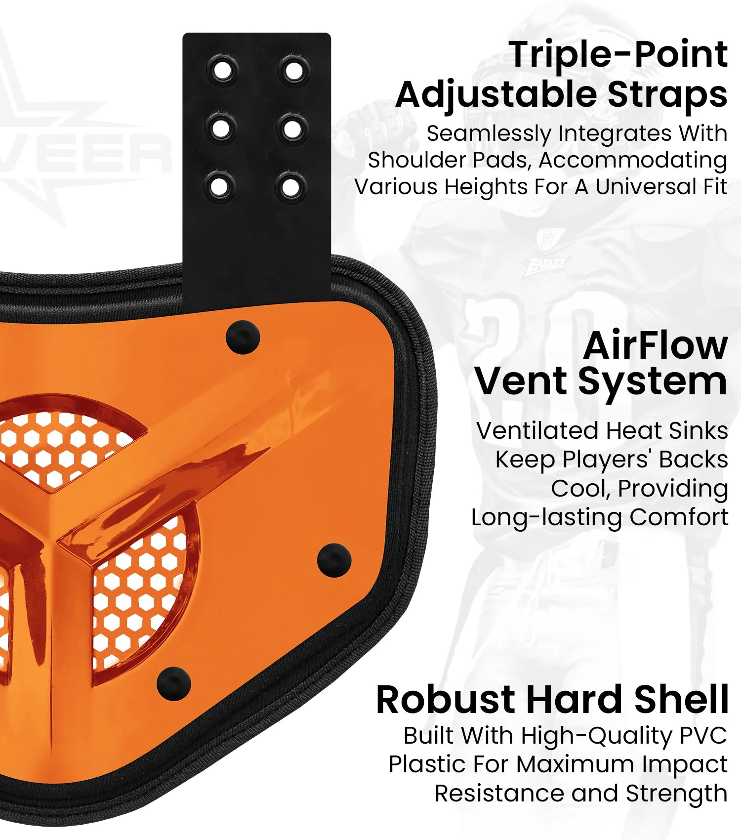 Chrome Football Back Plate with Air Vents for Shoulder Pads with High Impact Padding Orange