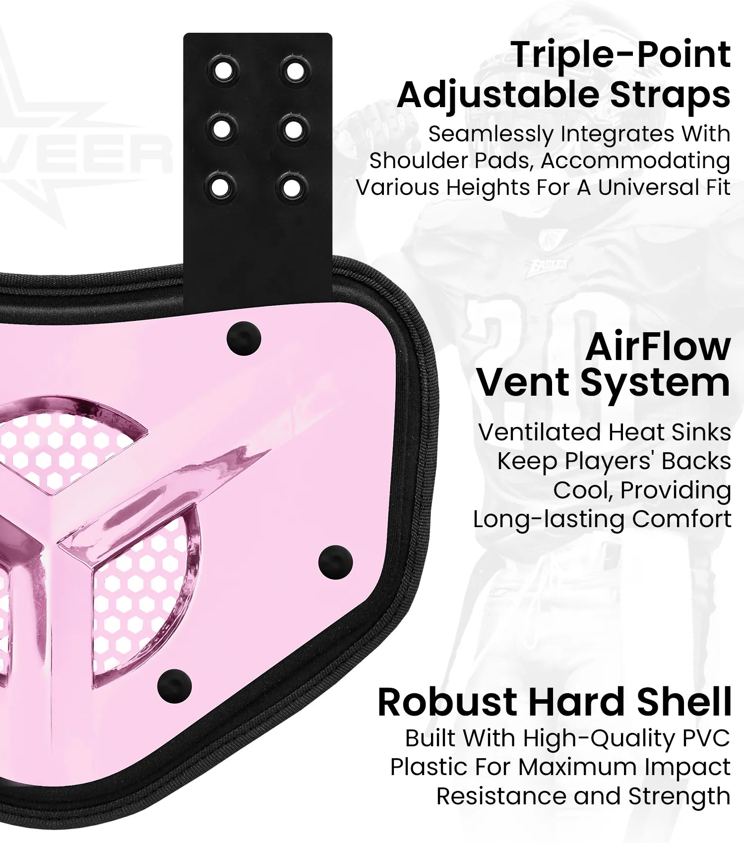 Chrome Football Back Plate with Air Vents for Shoulder Pads with High Impact Padding Pink