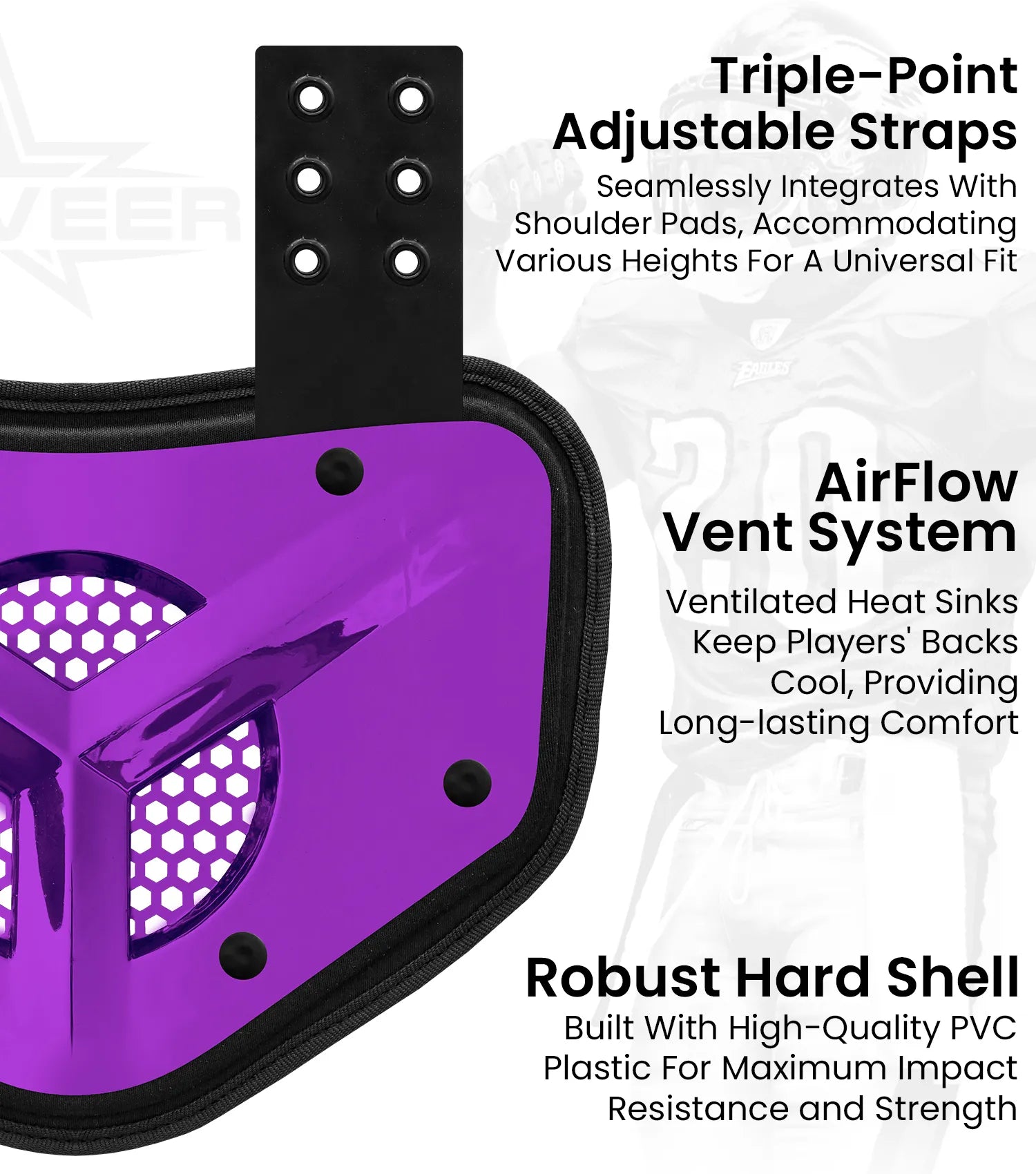 Chrome Football Back Plate with Air Vents for Shoulder Pads with High Impact Padding Purple