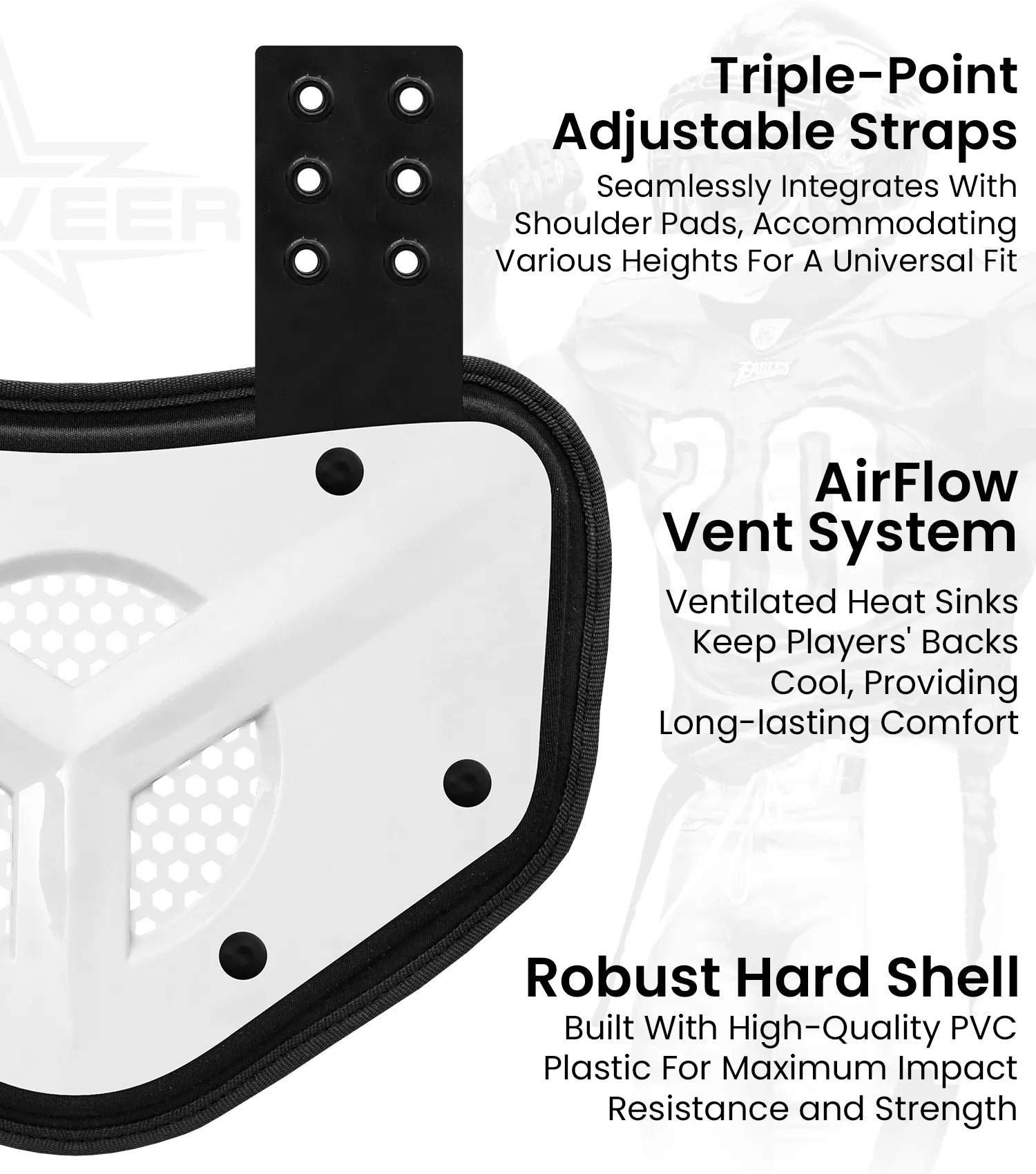 Chrome Football Back Plate with Air Vents for Shoulder Pads with High Impact Padding White