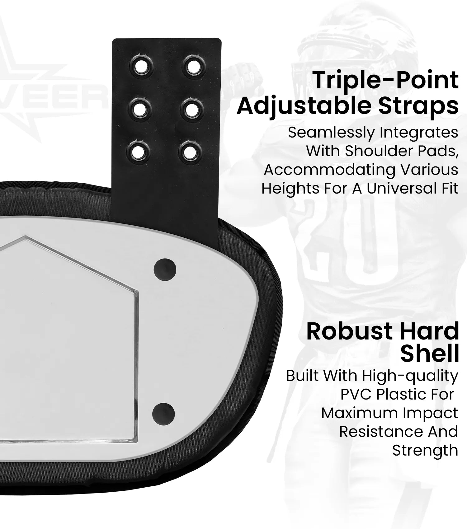 Football Back Plate for Shoulder Pads with High Impact Padding Chrome Silver