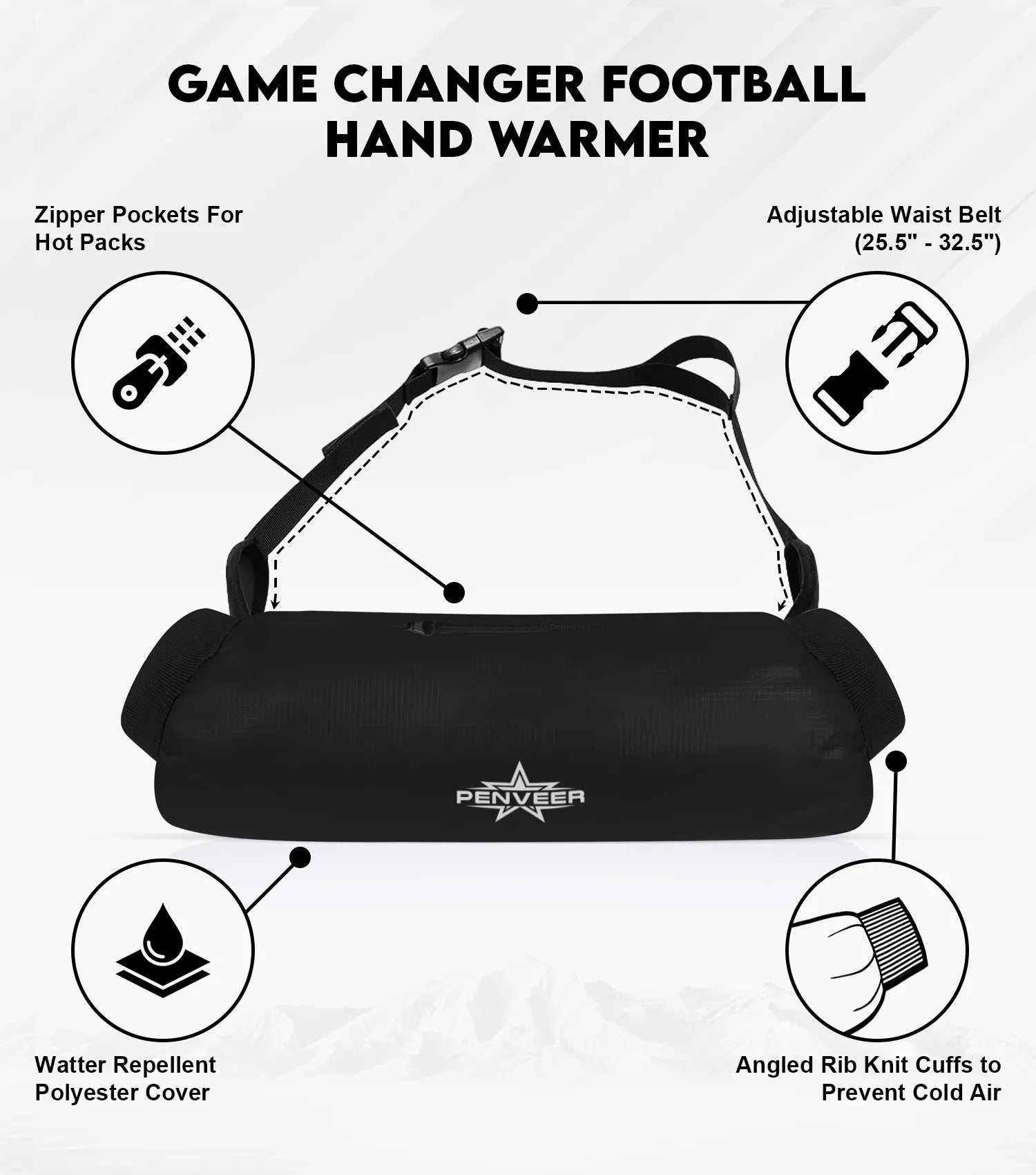 Football Hand Warmer Pouch with Zip Pocket and Adjustable Belt Black