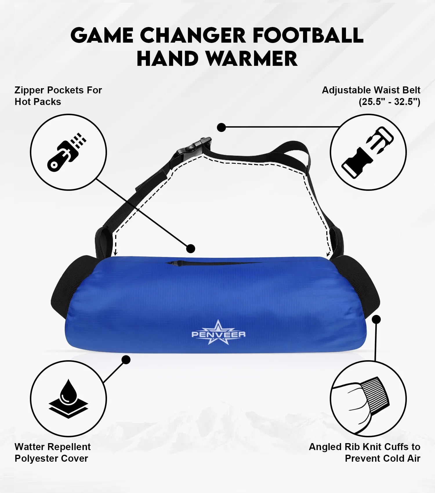 Football Hand Warmer Pouch with Zip Pocket and Adjustable Belt Royal Blue