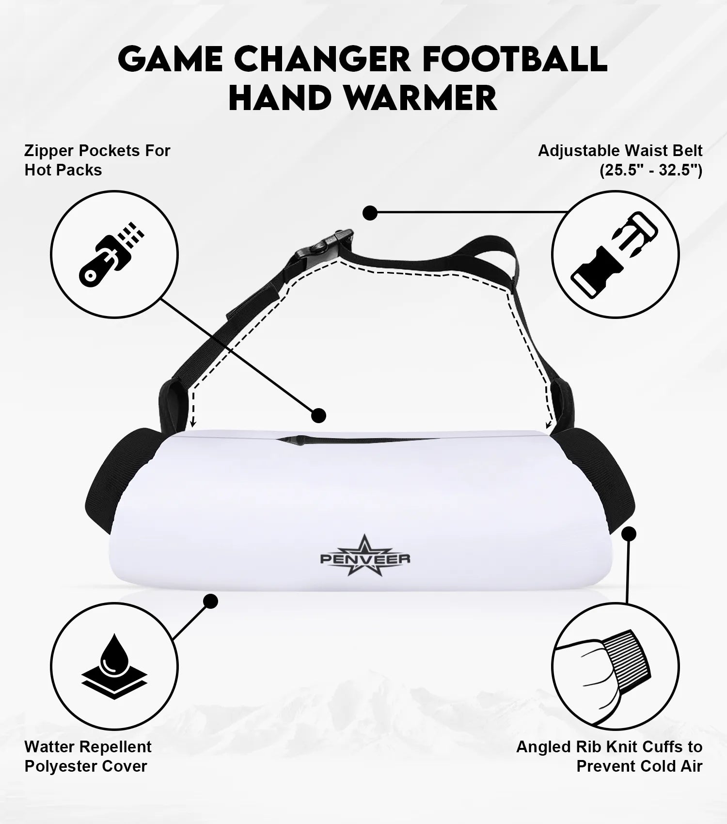 Football Hand Warmer Pouch with Zip Pocket and Adjustable Belt White