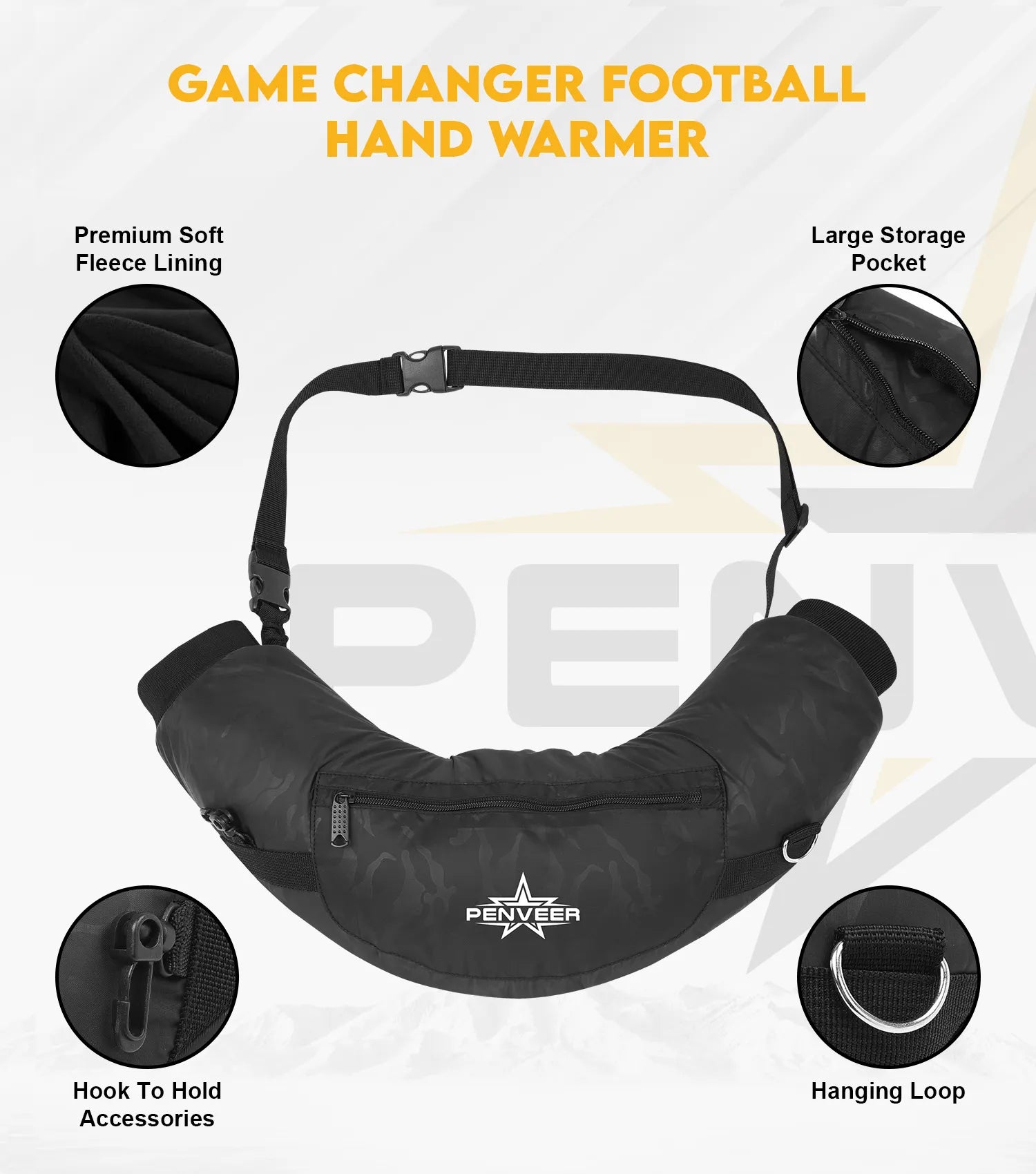 Football Water Resistant Hand Warmer Pouch with Adjustable Strap, Ribbed Cuffs and Zipper Pocket Black Camo