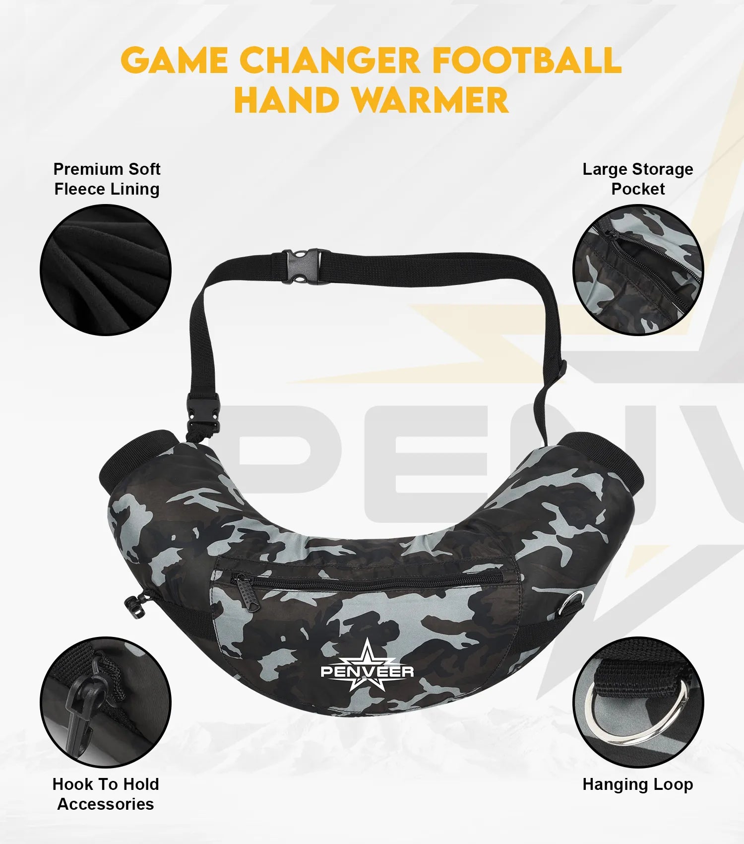 Football Water Resistant Hand Warmer Pouch with Adjustable Strap, Ribbed Cuffs and Zipper Pocket Gray Camo