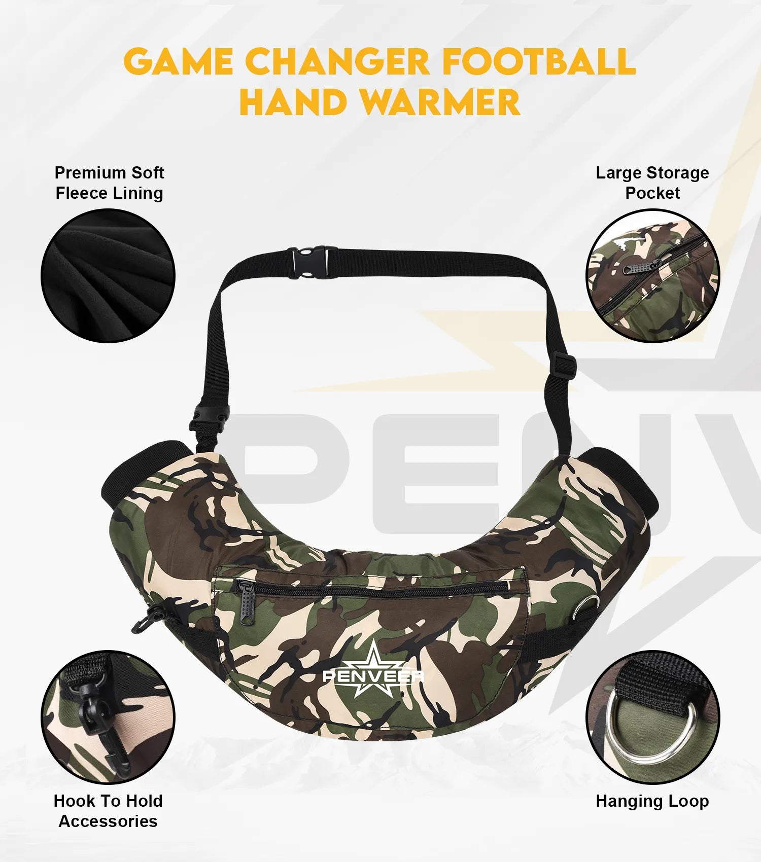 Football Water Resistant Hand Warmer Pouch with Adjustable Strap, Ribbed Cuffs and Zipper Pocket Green Camo