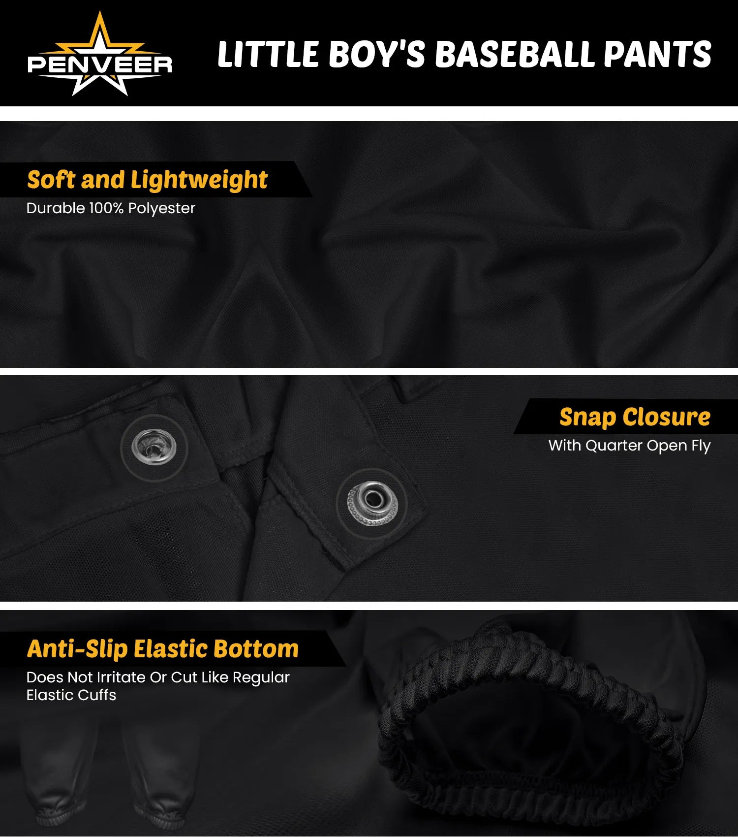 Pull-Up Youth Boys Baseball Pants with Quarter Open Fly, Durable Snap & Elastic Bottom Black