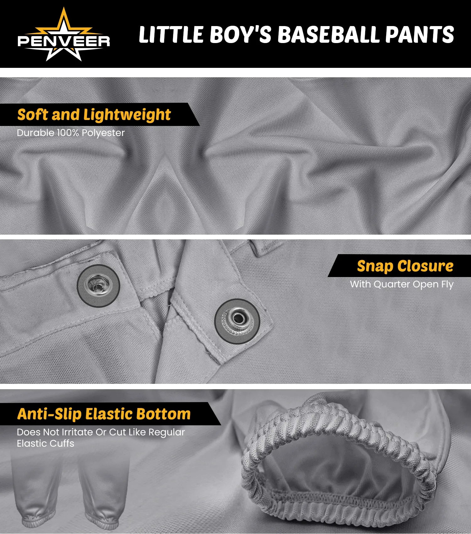 Pull-Up Youth Boys Baseball Pants with Quarter Open Fly, Durable Snap & Elastic Bottom Gray