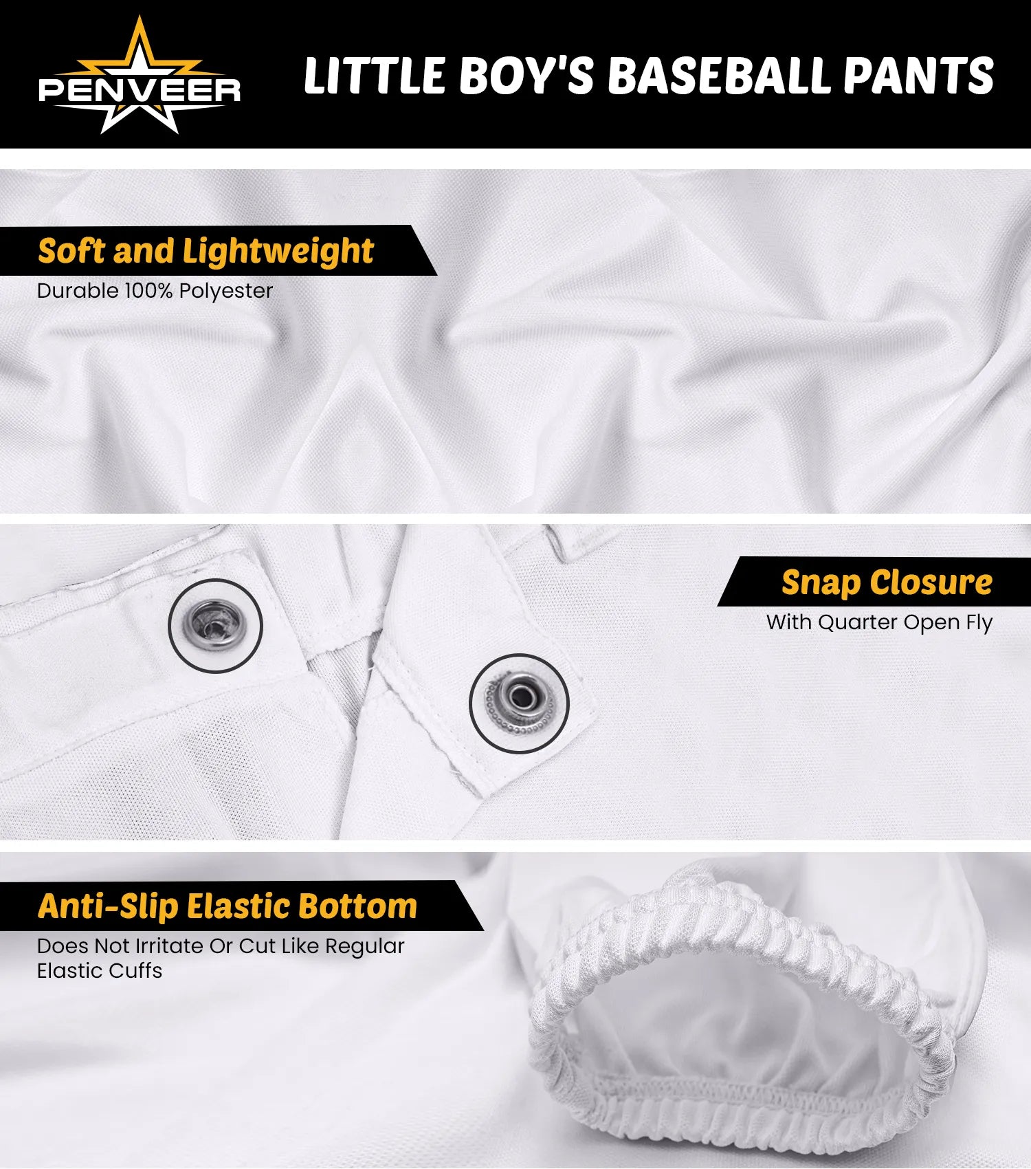 Pull-Up Youth Boys Baseball Pants with Quarter Open Fly, Durable Snap & Elastic Bottom White