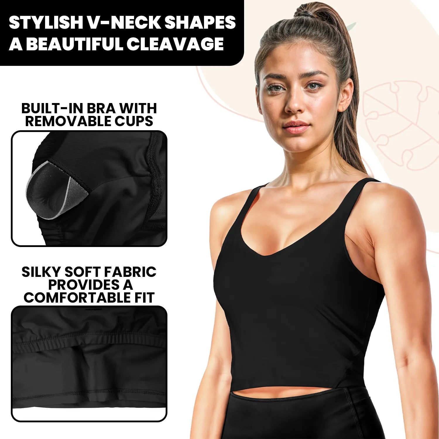 Longline Padded Tank Tops for Women with Built-in Bra, Workout Crop Top for Yoga, Running or Gym Black