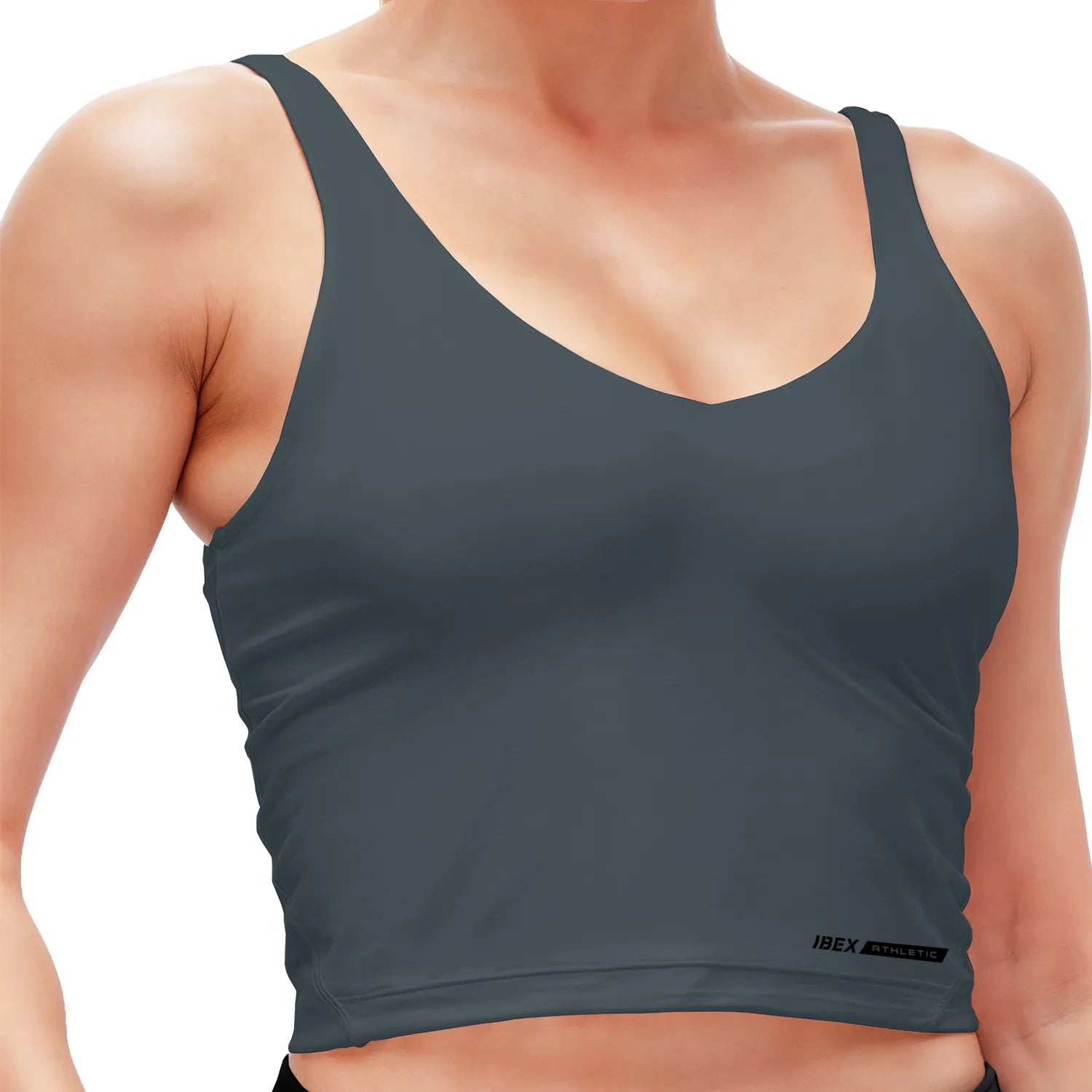 Longline Padded Tank Tops for Women with Built-in Bra, Workout Crop Top for Yoga, Running or Gym Dark Grey