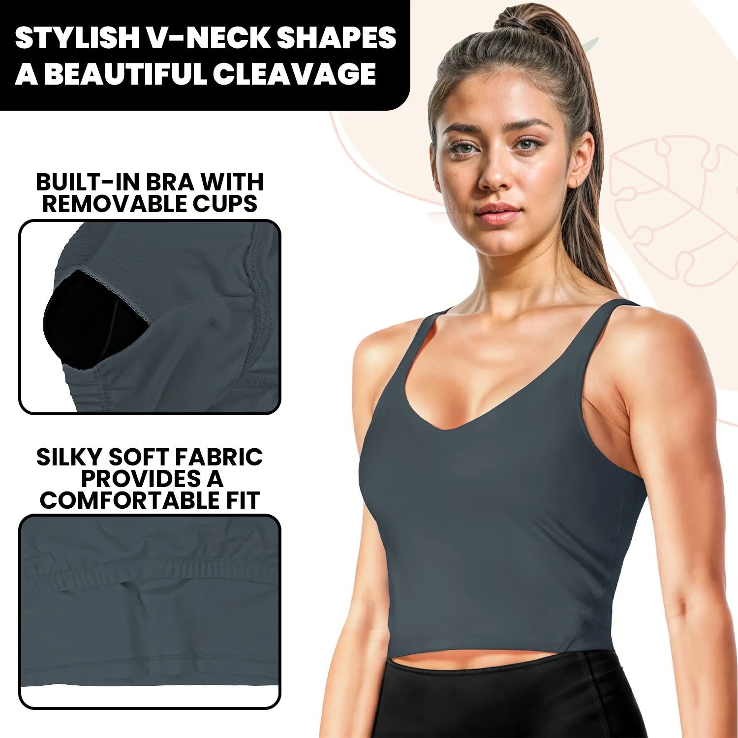 Longline Padded Tank Tops for Women with Built-in Bra, Workout Crop Top for Yoga, Running or Gym Dark Grey