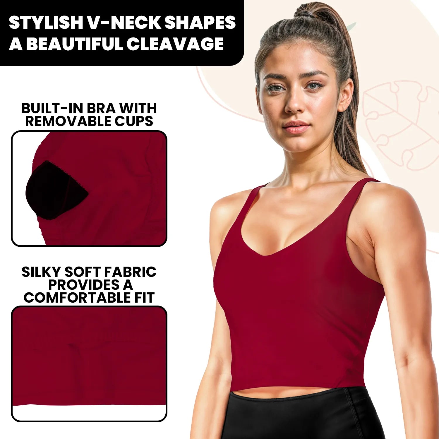 Longline Padded Tank Tops for Women with Built-in Bra, Workout Crop Top for Yoga, Running or Gym Maroon