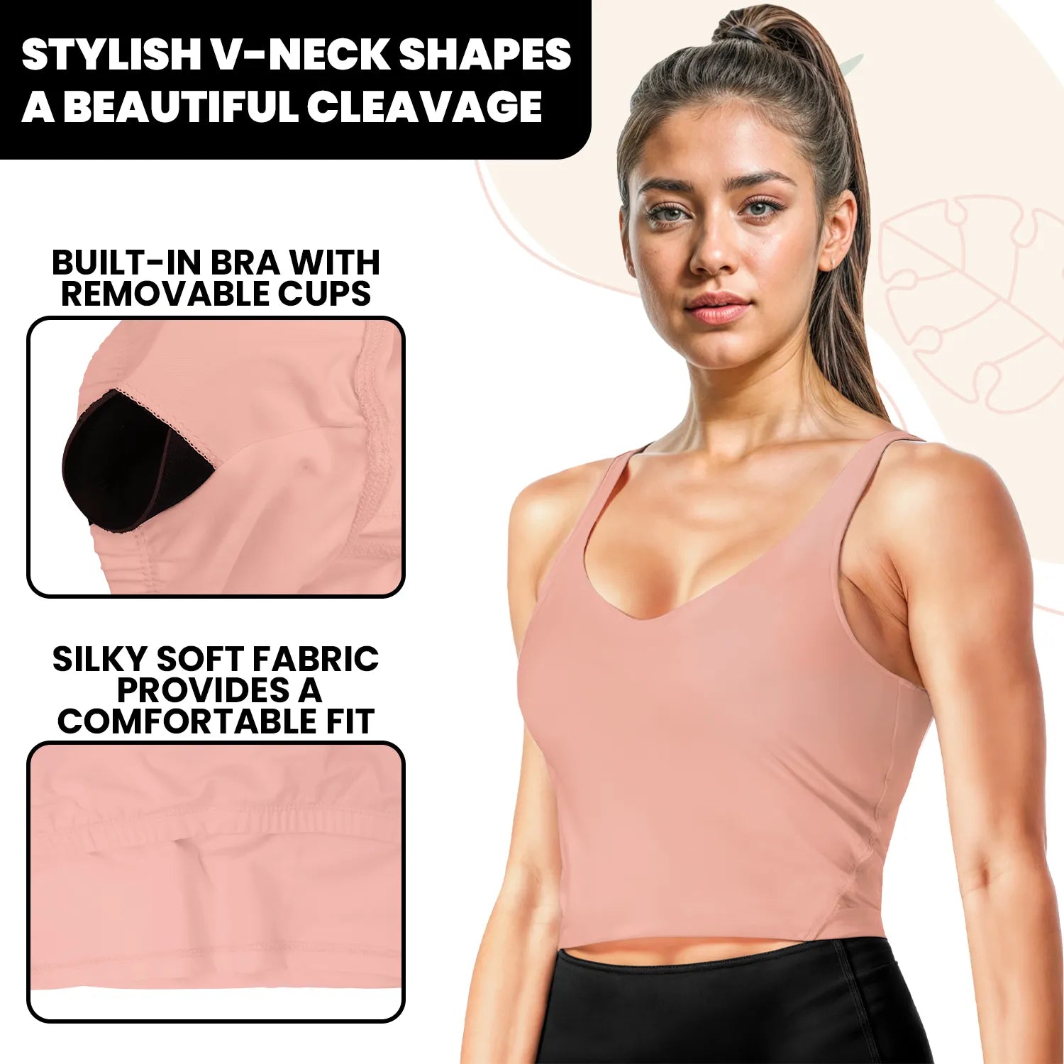 Longline Padded Tank Tops for Women with Built-in Bra, Workout Crop Top for Yoga, Running or Gym Peach