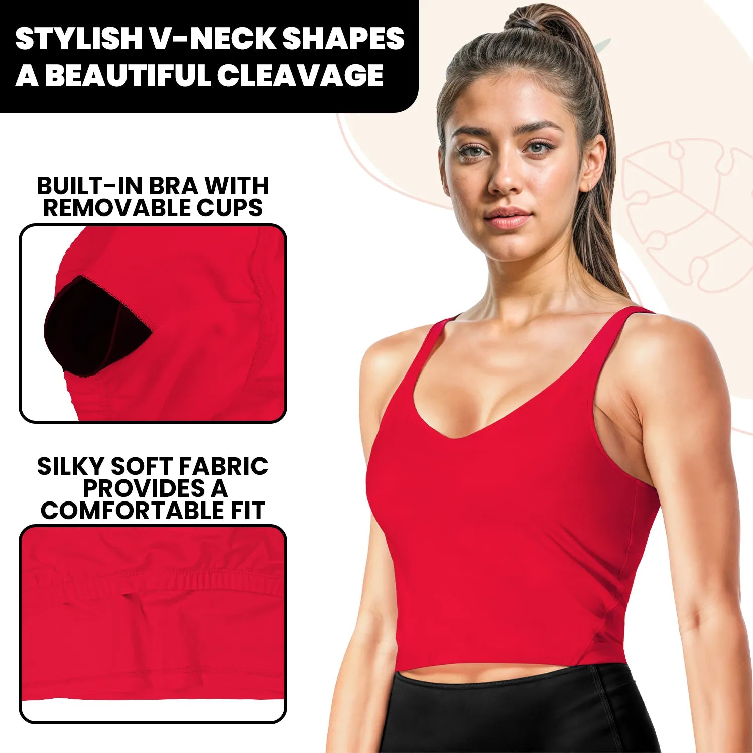 Longline Padded Tank Tops for Women with Built-in Bra, Workout Crop Top for Yoga, Running or Gym Red