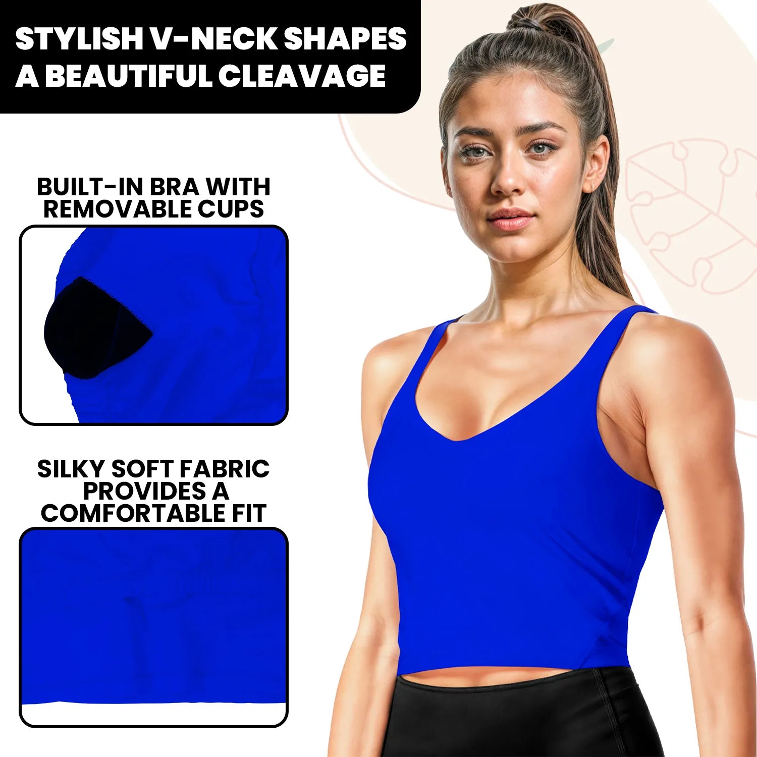 Longline Padded Tank Tops for Women with Built-in Bra, Workout Crop Top for Yoga, Running or Gym Royal Blue