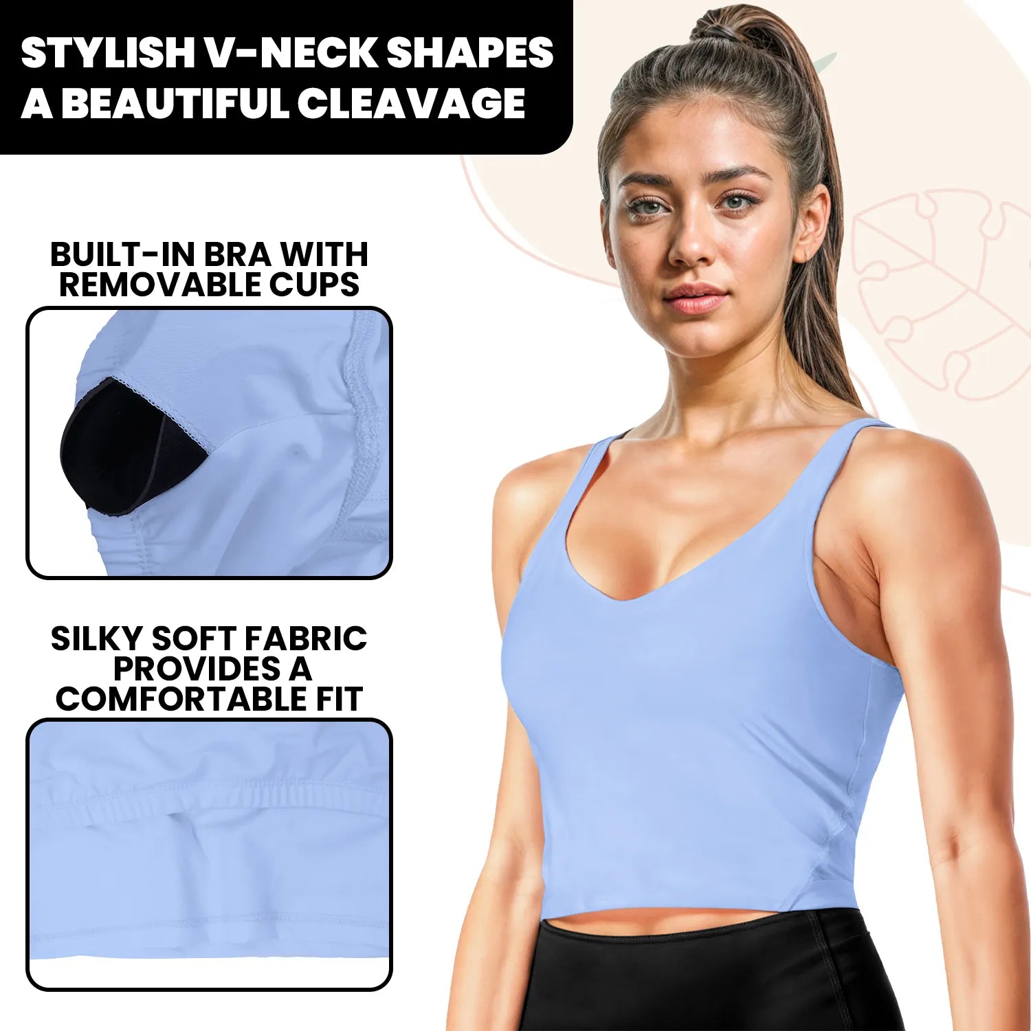 Longline Padded Tank Tops for Women with Built-in Bra, Workout Crop Top for Yoga, Running or Gym Sky