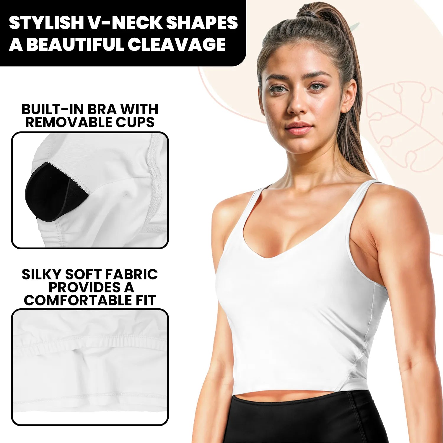 Longline Padded Tank Tops for Women with Built-in Bra, Workout Crop Top for Yoga, Running or Gym White